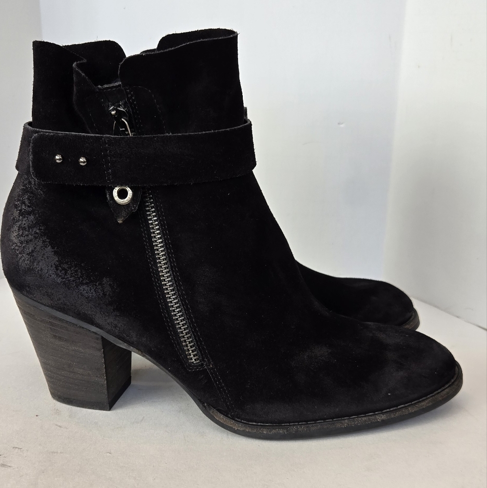 Paul Green Black Suede Leather Boots Pointed Toe Silver Zipper